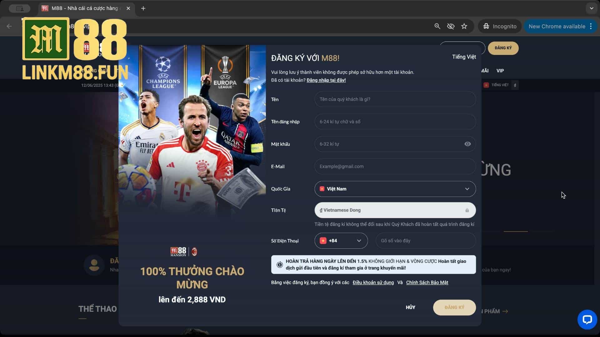 Đăng ký link M88 nhanh chóng